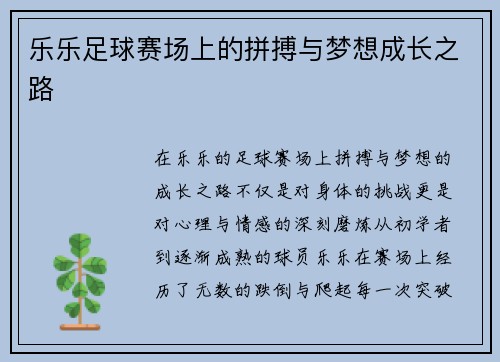 乐乐足球赛场上的拼搏与梦想成长之路