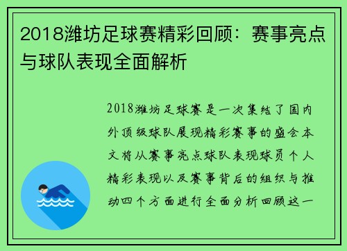 2018潍坊足球赛精彩回顾：赛事亮点与球队表现全面解析