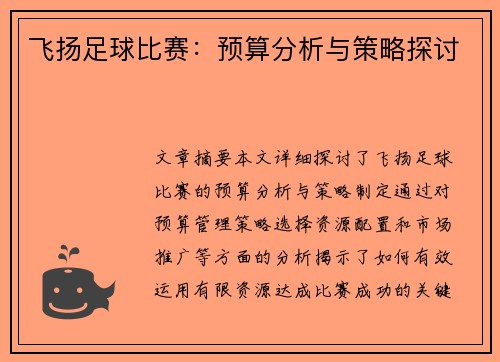 飞扬足球比赛：预算分析与策略探讨