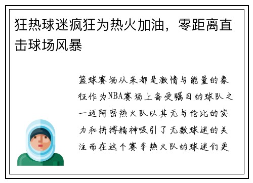 狂热球迷疯狂为热火加油，零距离直击球场风暴