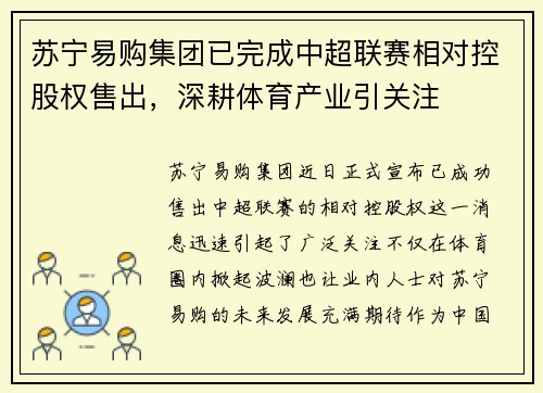 苏宁易购集团已完成中超联赛相对控股权售出，深耕体育产业引关注