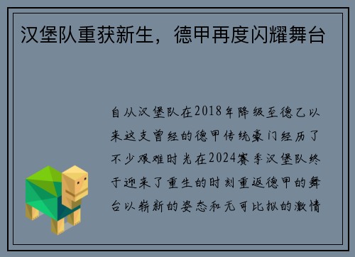 汉堡队重获新生，德甲再度闪耀舞台