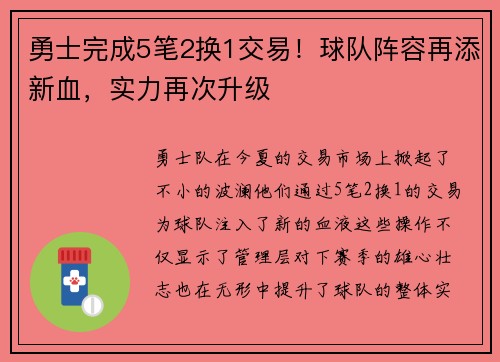 勇士完成5笔2换1交易！球队阵容再添新血，实力再次升级