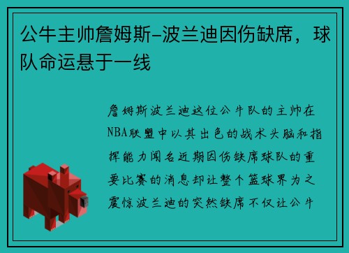 公牛主帅詹姆斯-波兰迪因伤缺席，球队命运悬于一线