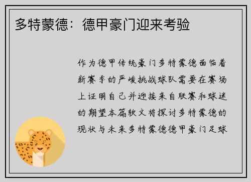 多特蒙德：德甲豪门迎来考验