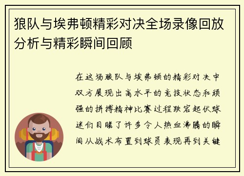 狼队与埃弗顿精彩对决全场录像回放分析与精彩瞬间回顾