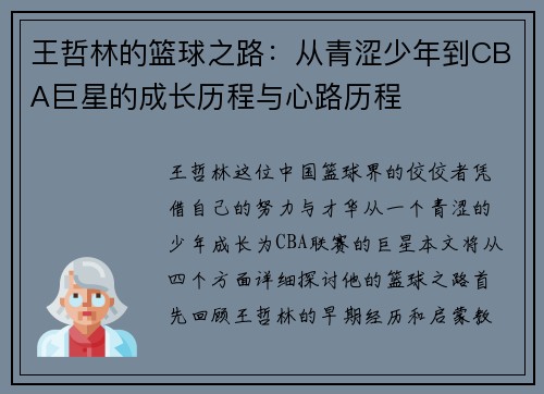 王哲林的篮球之路：从青涩少年到CBA巨星的成长历程与心路历程