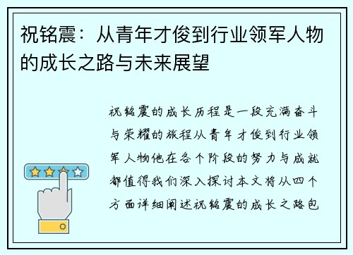 祝铭震：从青年才俊到行业领军人物的成长之路与未来展望