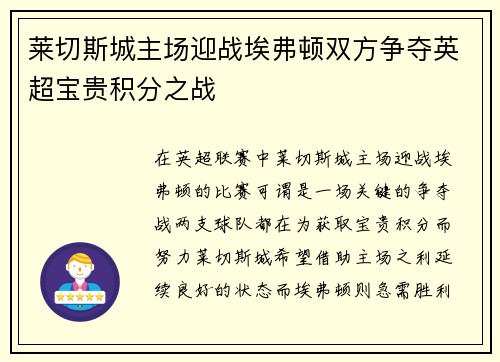 莱切斯城主场迎战埃弗顿双方争夺英超宝贵积分之战