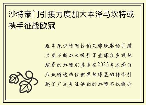 沙特豪门引援力度加大本泽马坎特或携手征战欧冠