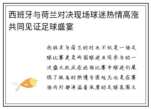 西班牙与荷兰对决现场球迷热情高涨共同见证足球盛宴