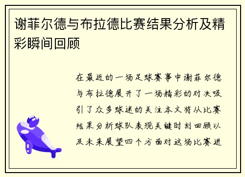 谢菲尔德与布拉德比赛结果分析及精彩瞬间回顾