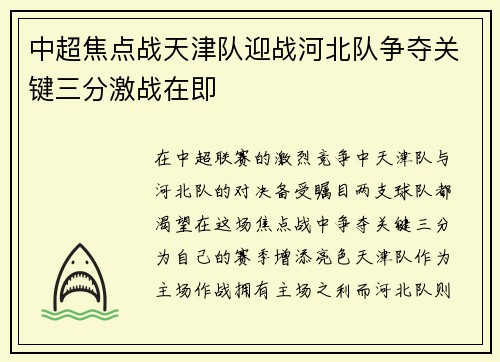 中超焦点战天津队迎战河北队争夺关键三分激战在即