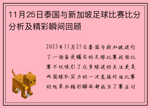 11月25日泰国与新加坡足球比赛比分分析及精彩瞬间回顾