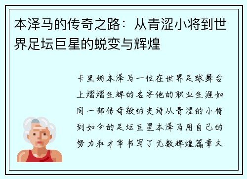 本泽马的传奇之路：从青涩小将到世界足坛巨星的蜕变与辉煌