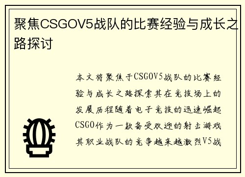 聚焦CSGOV5战队的比赛经验与成长之路探讨