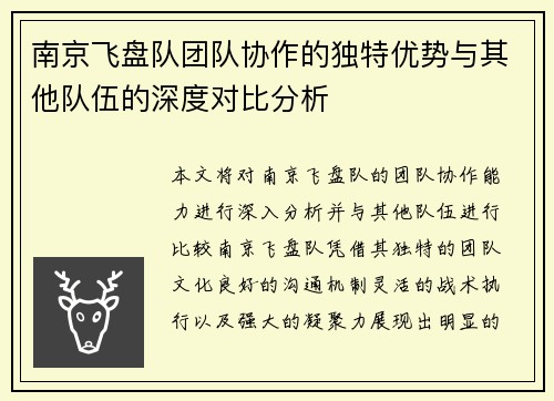 南京飞盘队团队协作的独特优势与其他队伍的深度对比分析