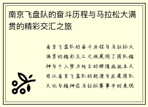 南京飞盘队的奋斗历程与马拉松大满贯的精彩交汇之旅