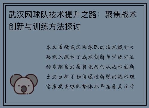武汉网球队技术提升之路：聚焦战术创新与训练方法探讨